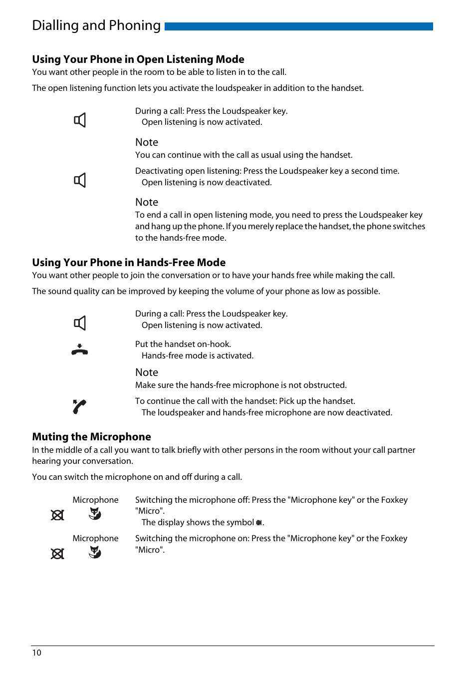 Using your phone in open listening mode, Using your phone in hands-free mode, Muting the microphone | Dialling and phoning | AASTRA Office 70IP-b User manual User Manual | Page 10 / 76