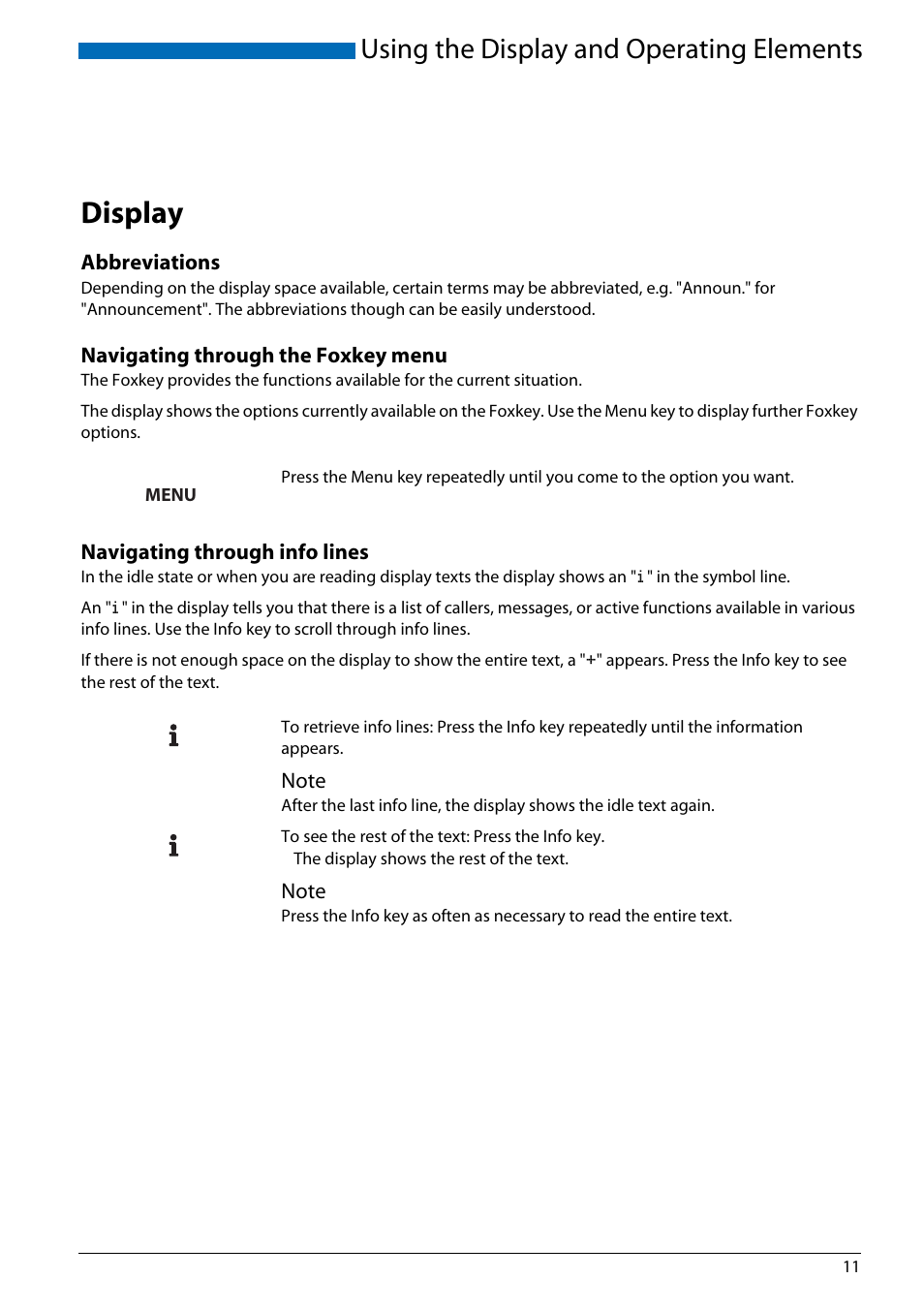 Using the display and operating elements, Display, Abbreviations | Navigating through the foxkey menu, Navigating through info lines | AASTRA Office 70IP-b User manual User Manual | Page 11 / 76