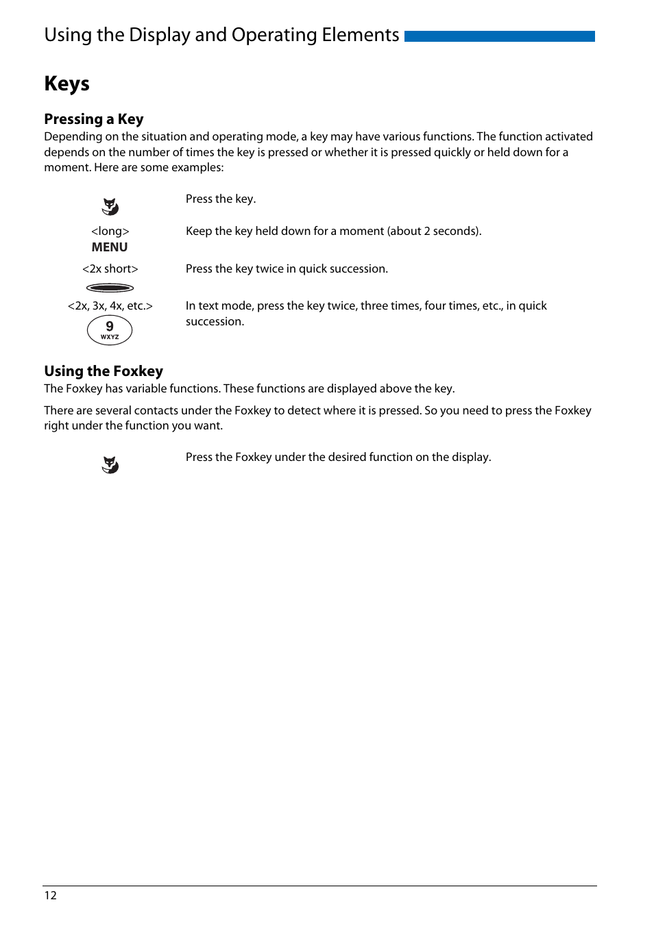 Keys, Pressing a key, Using the foxkey | Using the display and operating elements | AASTRA Office 70IP-b User manual User Manual | Page 12 / 76