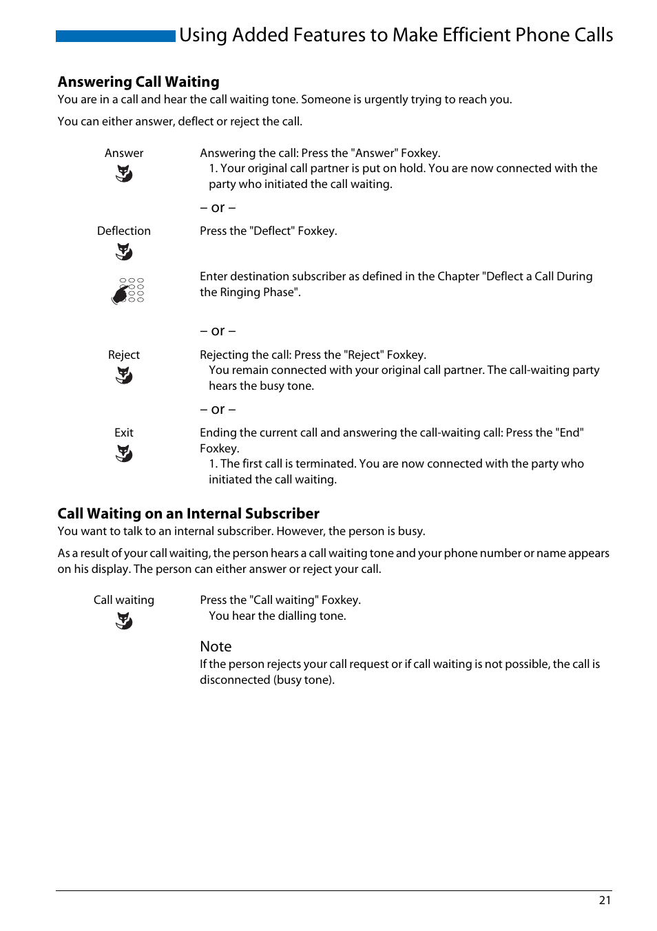 Answering call waiting, Call waiting on an internal subscriber, Using added features to make efficient phone calls | AASTRA Office 70IP-b User manual User Manual | Page 21 / 76