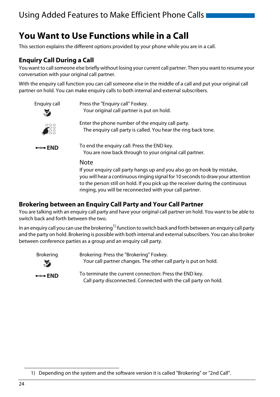 You want to use functions while in a call, Enquiry call during a call, Using added features to make efficient phone calls | AASTRA Office 70IP-b User manual User Manual | Page 24 / 76