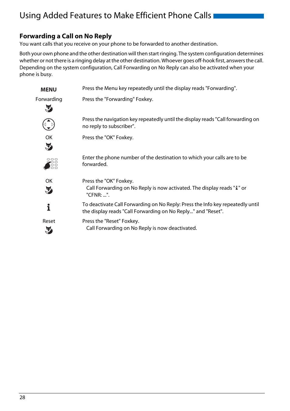 Forwarding a call on no reply, Using added features to make efficient phone calls | AASTRA Office 70IP-b User manual User Manual | Page 28 / 76