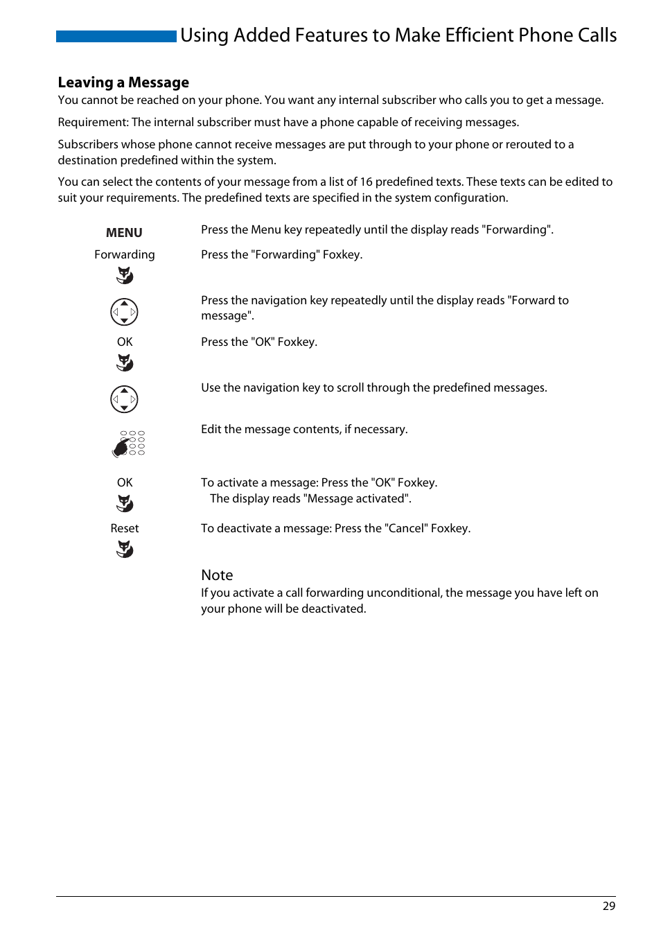 Leaving a message, Using added features to make efficient phone calls | AASTRA Office 70IP-b User manual User Manual | Page 29 / 76