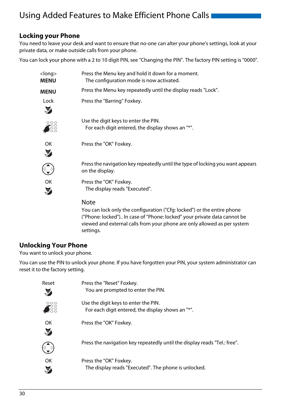 Locking your phone, Unlocking your phone, Using added features to make efficient phone calls | AASTRA Office 70IP-b User manual User Manual | Page 30 / 76