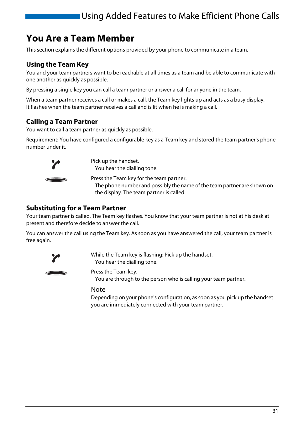 You are a team member, Using the team key, Calling a team partner | Substituting for a team partner, Using added features to make efficient phone calls | AASTRA Office 70IP-b User manual User Manual | Page 31 / 76