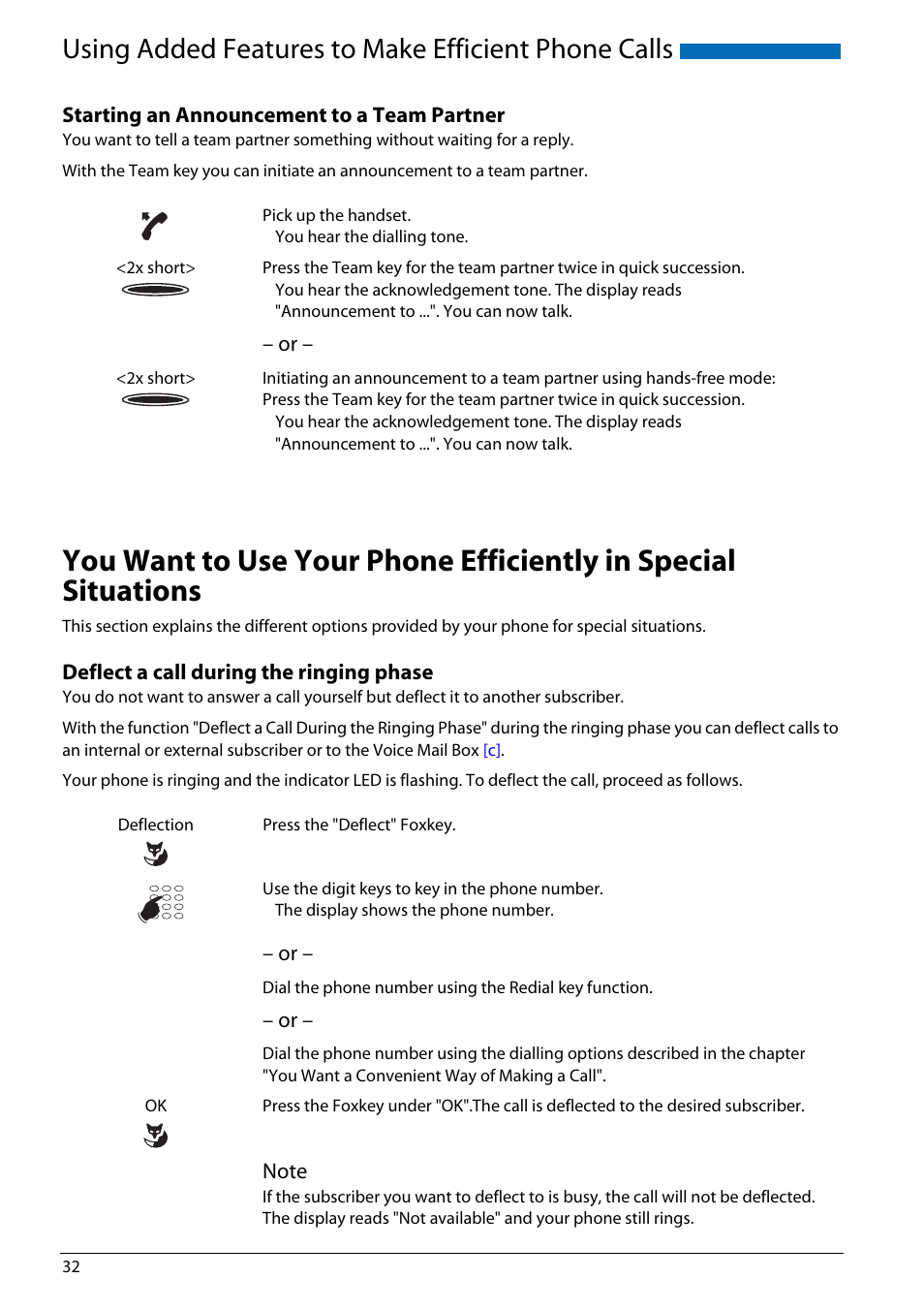 Starting an announcement to a team partner, Deflect a call during the ringing phase, Using added features to make efficient phone calls | AASTRA Office 70IP-b User manual User Manual | Page 32 / 76