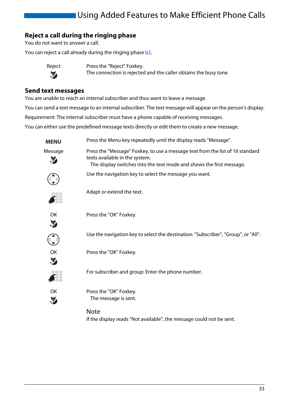Reject a call during the ringing phase, Send text messages, Using added features to make efficient phone calls | AASTRA Office 70IP-b User manual User Manual | Page 33 / 76