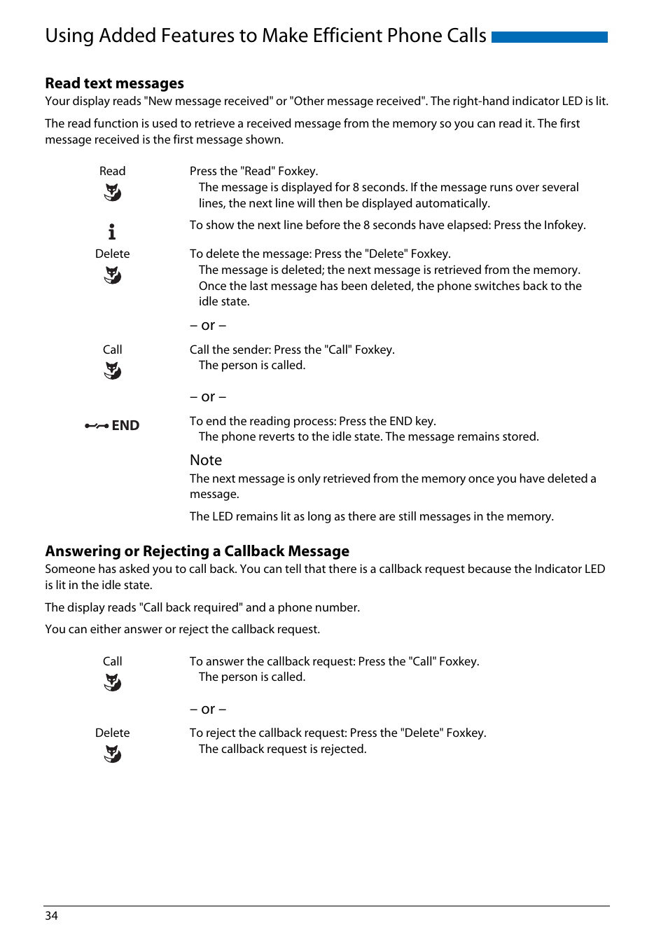 Read text messages, Answering or rejecting a callback message, Using added features to make efficient phone calls | AASTRA Office 70IP-b User manual User Manual | Page 34 / 76