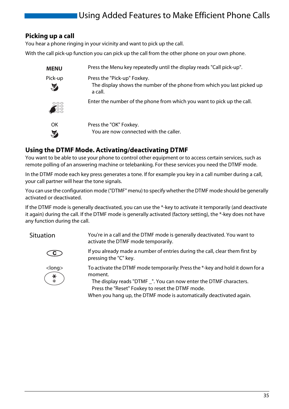 Picking up a call, Using the dtmf mode. activating/deactivating dtmf, Using added features to make efficient phone calls | AASTRA Office 70IP-b User manual User Manual | Page 35 / 76