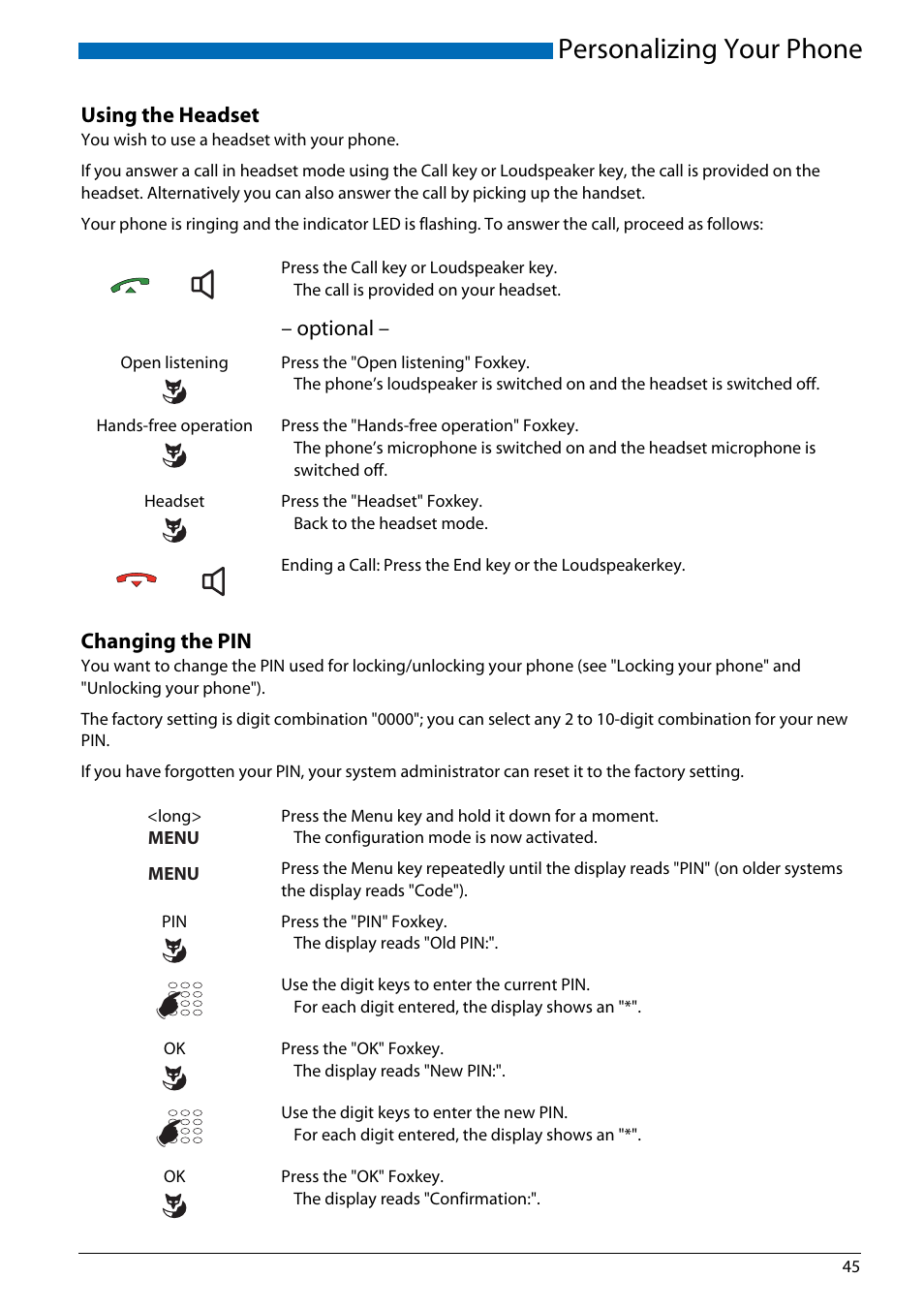 Using the headset, Changing the pin, Personalizing your phone | AASTRA Office 70IP-b User manual User Manual | Page 45 / 76