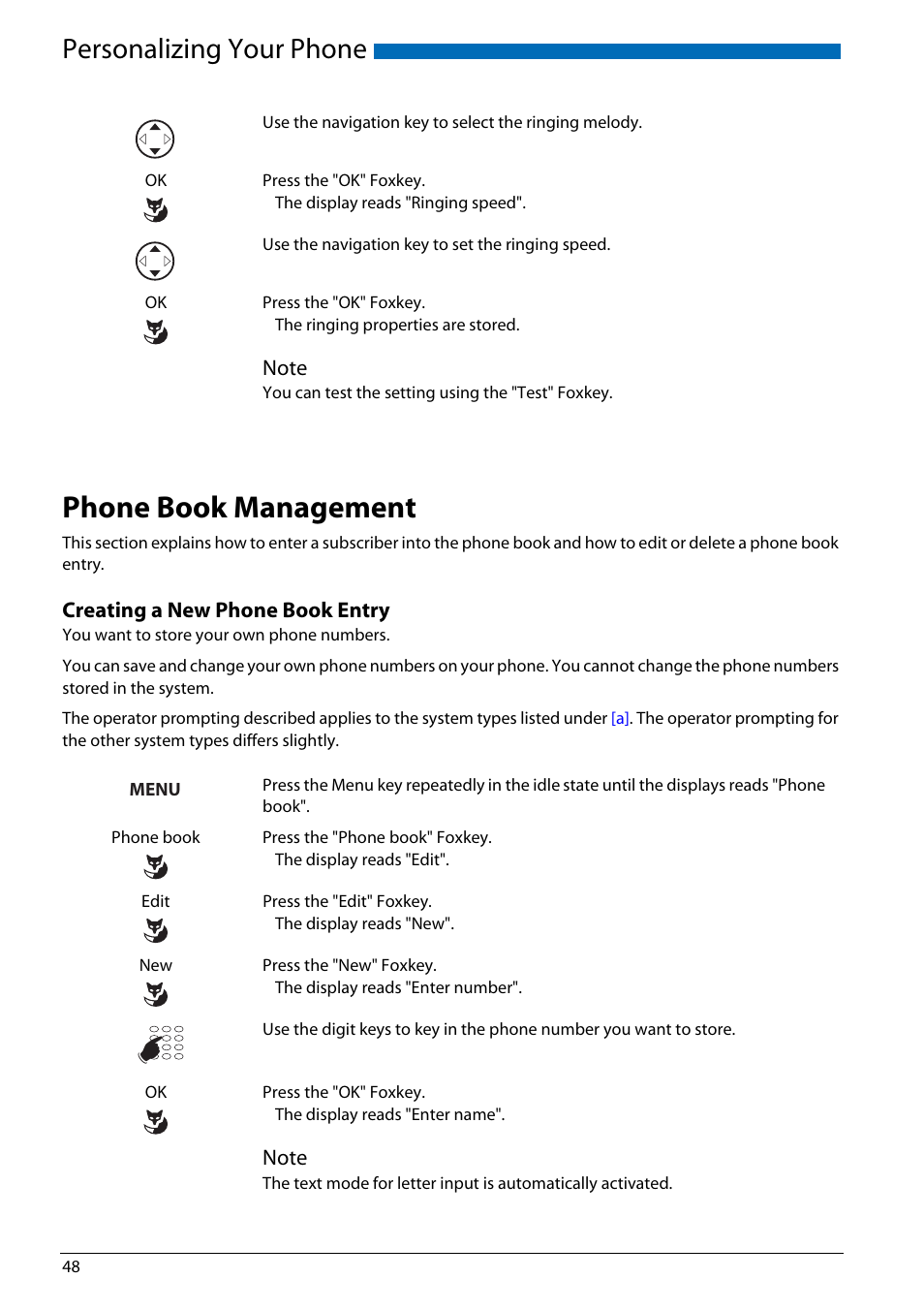 Phone book management, Creating a new phone book entry, Personalizing your phone | AASTRA Office 70IP-b User manual User Manual | Page 48 / 76