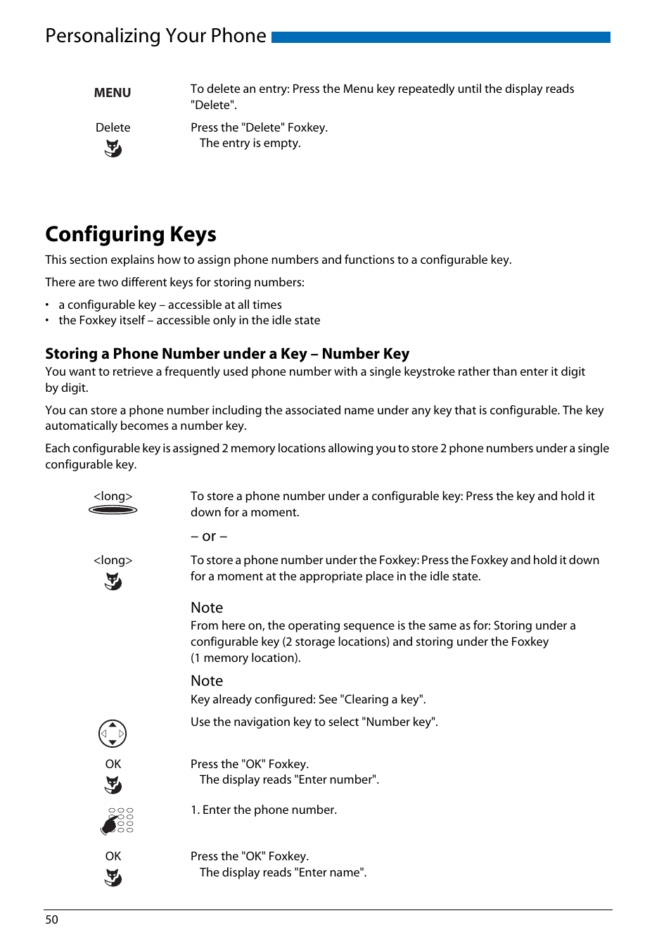 Configuring keys, Storing a phone number under a key - number key, Personalizing your phone | AASTRA Office 70IP-b User manual User Manual | Page 50 / 76