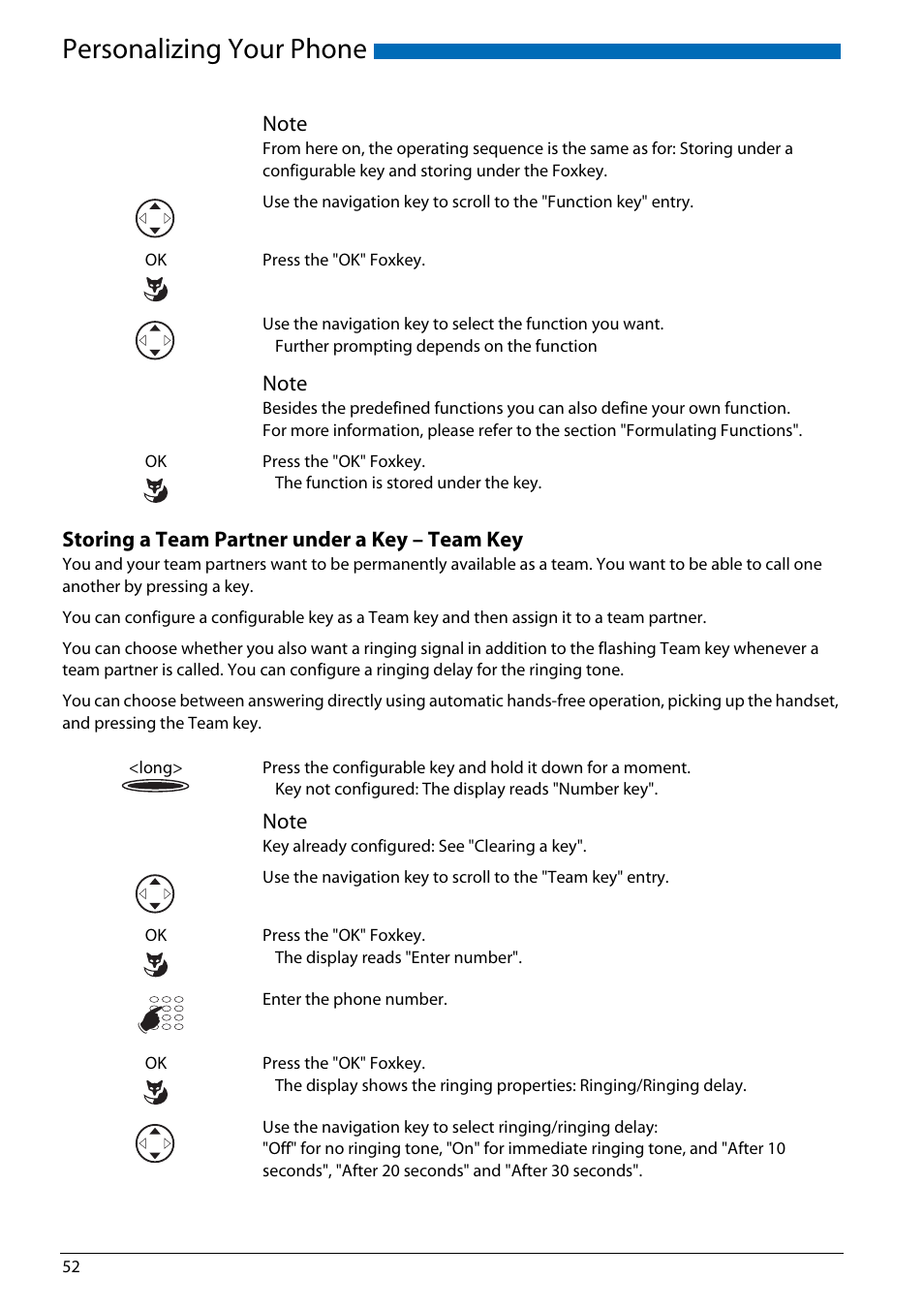 Storing a team partner under a key - team key, Personalizing your phone | AASTRA Office 70IP-b User manual User Manual | Page 52 / 76