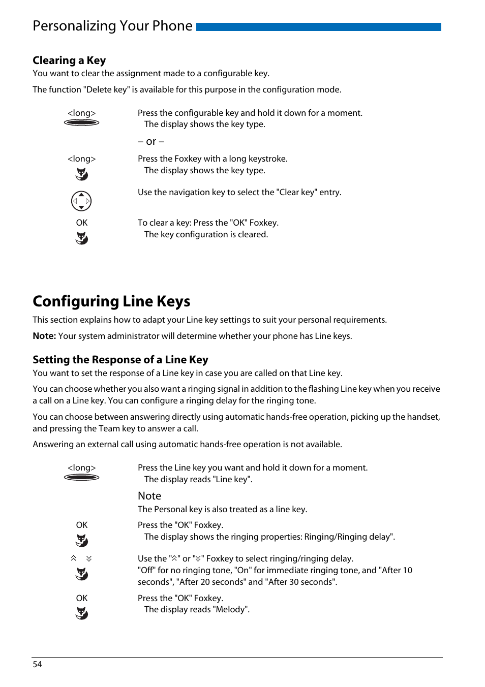 Clearing a key, Configuring line keys, Setting the response of a line key | Personalizing your phone | AASTRA Office 70IP-b User manual User Manual | Page 54 / 76