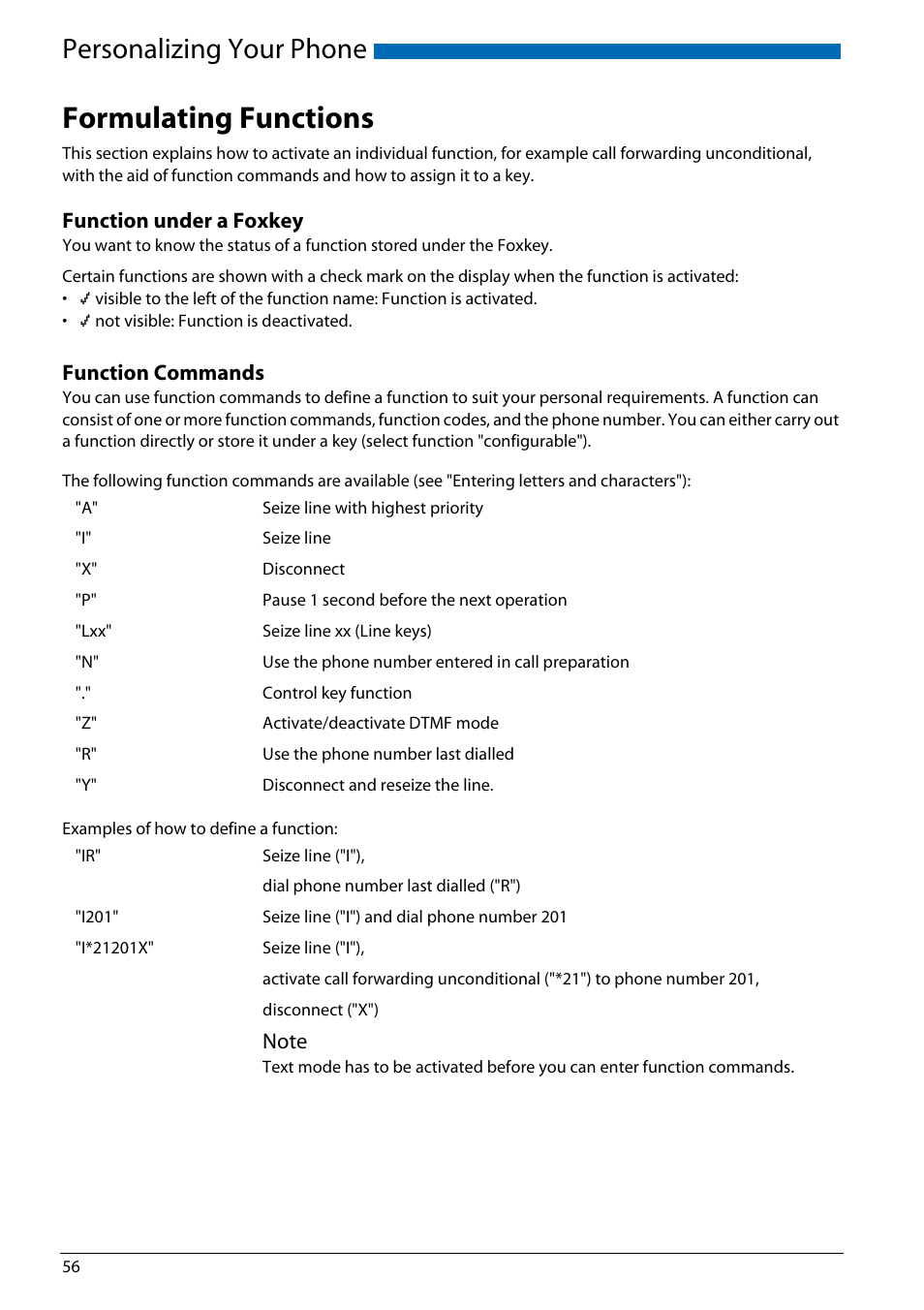 Formulating functions, Function under a foxkey, Function commands | Personalizing your phone | AASTRA Office 70IP-b User manual User Manual | Page 56 / 76