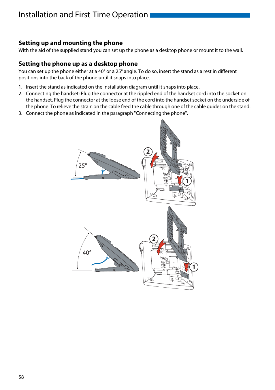 Installation and first-time operation, Setting up and mounting the phone, Setting the phone up as a desktop phone | AASTRA Office 70IP-b User manual User Manual | Page 58 / 76