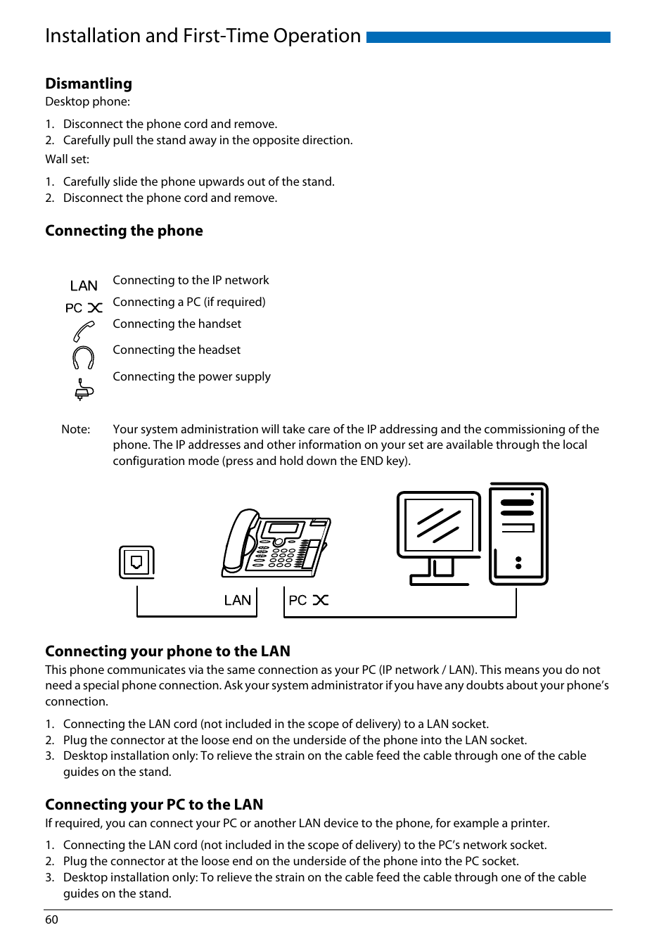 Dismantling, Connecting the phone, Connecting your phone to the lan | Connecting your pc to the lan, Installation and first-time operation | AASTRA Office 70IP-b User manual User Manual | Page 60 / 76