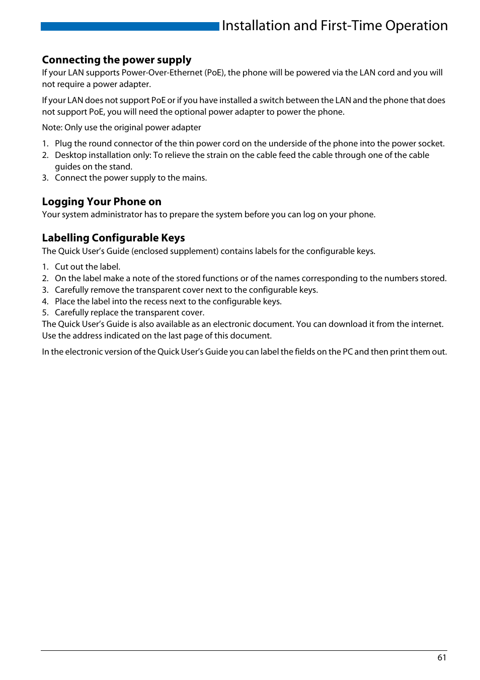 Connecting the power supply, Logging your phone on, Labelling configurable keys | Installation and first-time operation | AASTRA Office 70IP-b User manual User Manual | Page 61 / 76