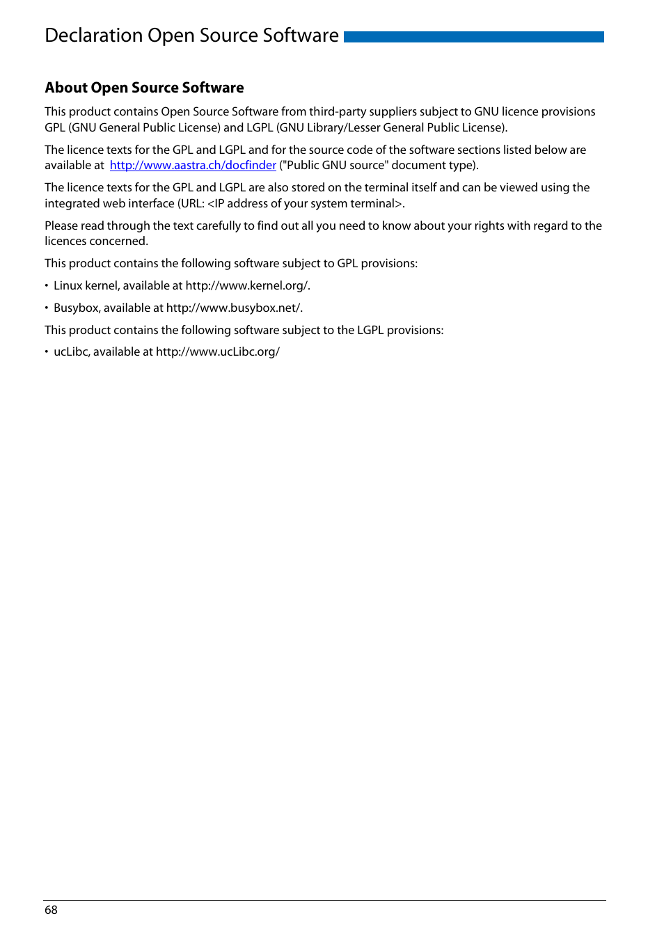 Declaration open source software | AASTRA Office 70IP-b User manual User Manual | Page 68 / 76