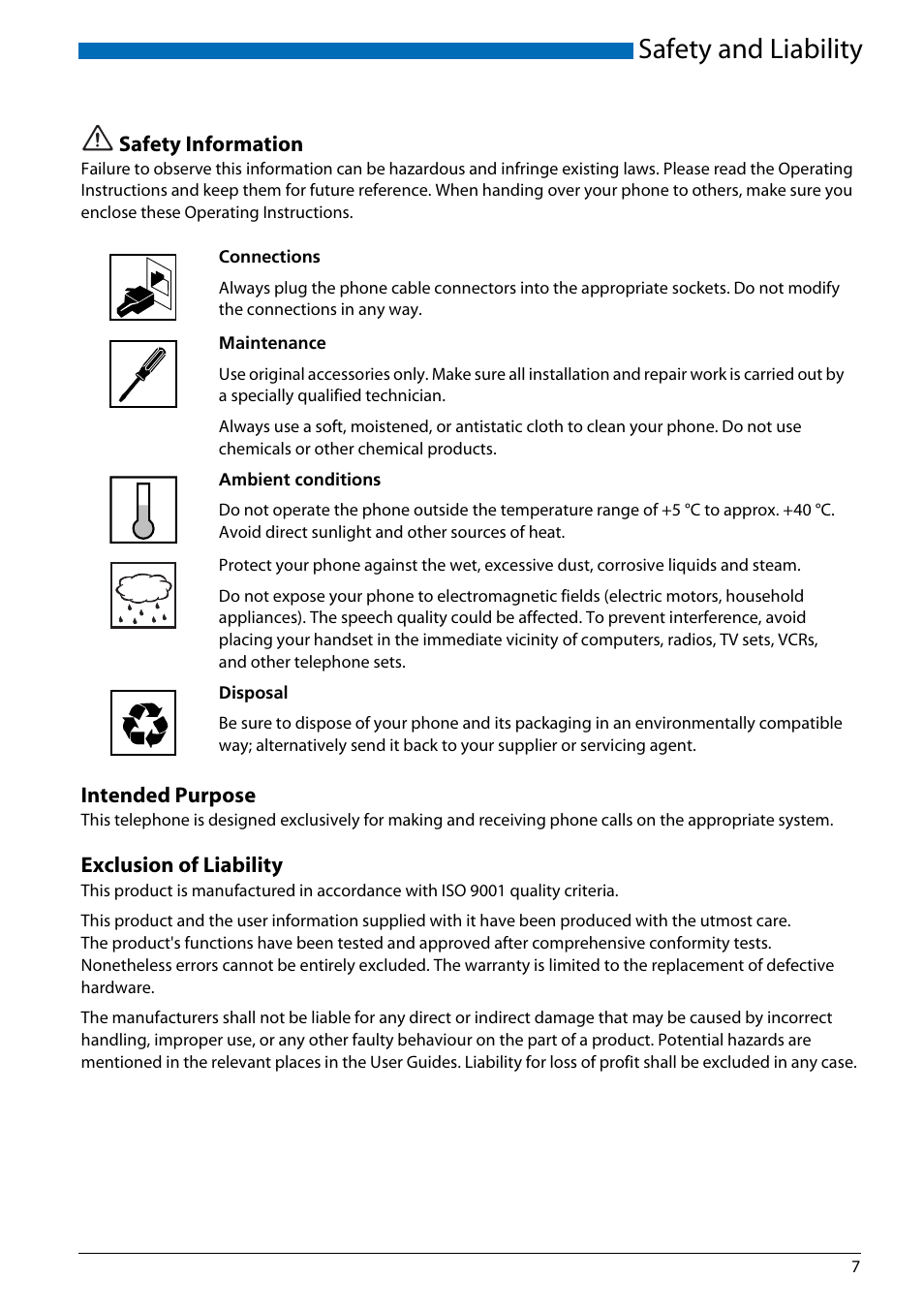 Safety and liability, Safety information, Intended purpose | Exclusion of liability | AASTRA Office 70IP-b User manual User Manual | Page 7 / 76