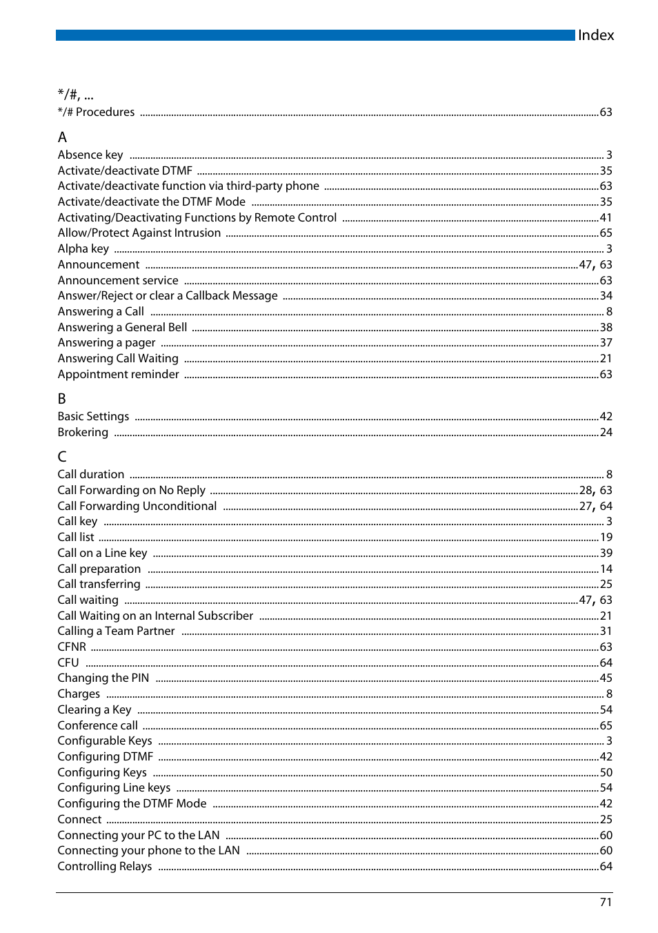 Index | AASTRA Office 70IP-b User manual User Manual | Page 71 / 76