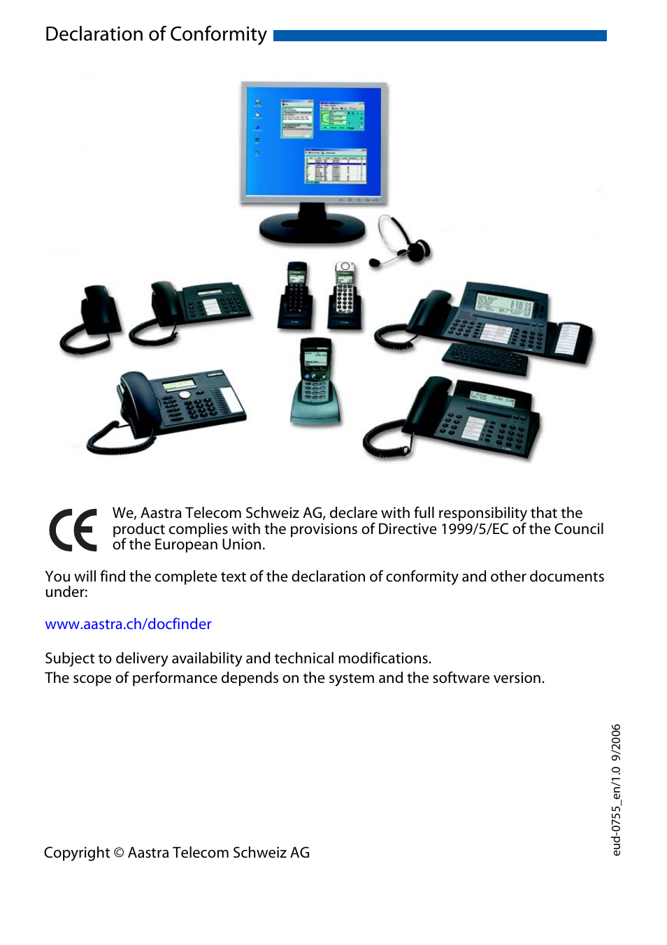 Eud-0755_en/1.0 9/2006, Declaration of conformity | AASTRA Office 70IP-b User manual User Manual | Page 76 / 76