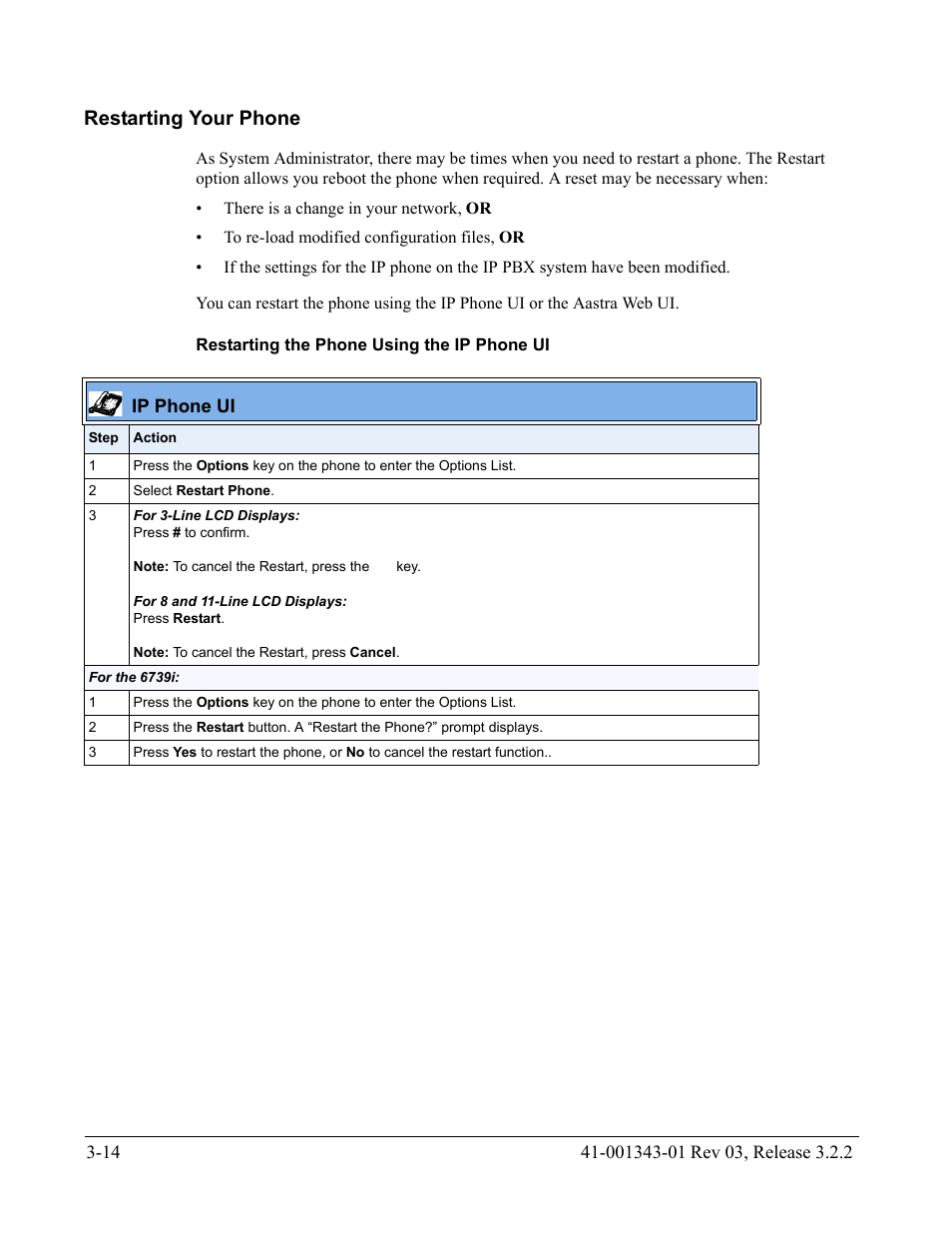 Restarting your phone, Restarting the phone using the ip phone ui, Restarting your phone -14 | Or restore factory defaults, see | AASTRA 6700i series, 9143, 9480i, 9480i CT SIP Administrator Guide EN User Manual | Page 101 / 1049
