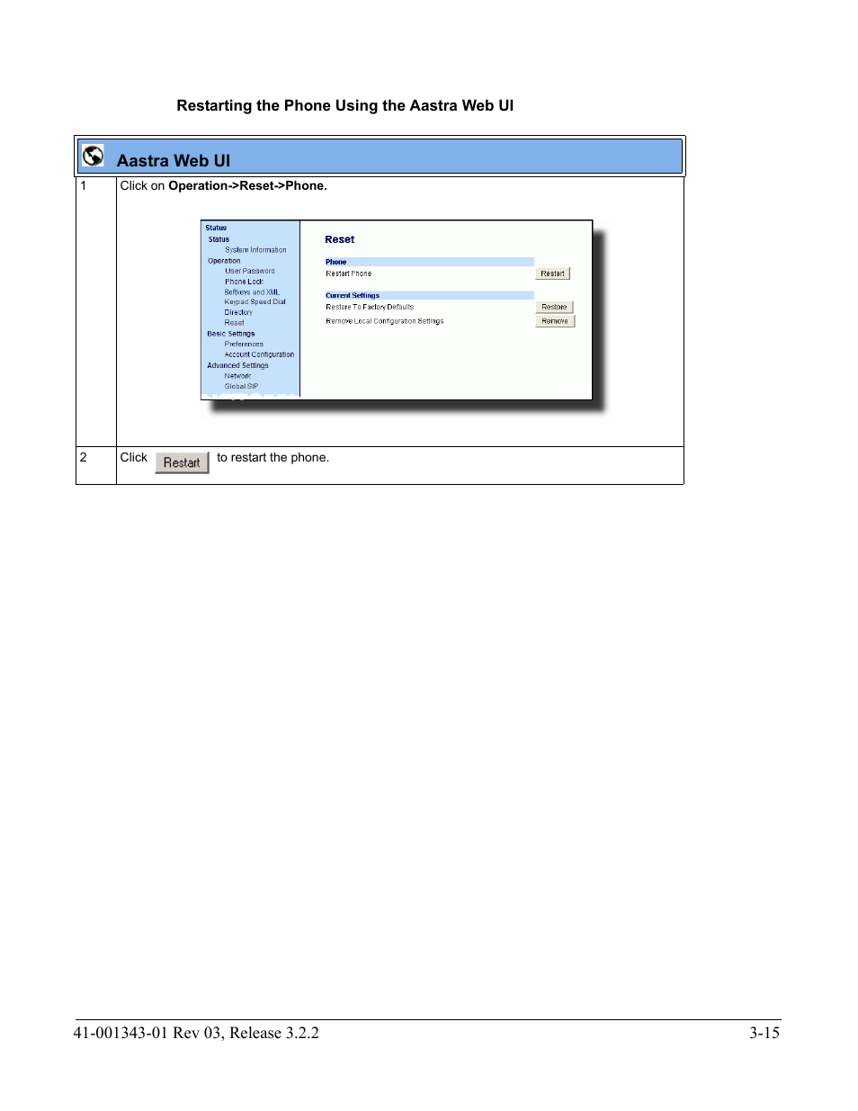 Restarting the phone using the aastra web ui | AASTRA 6700i series, 9143, 9480i, 9480i CT SIP Administrator Guide EN User Manual | Page 102 / 1049