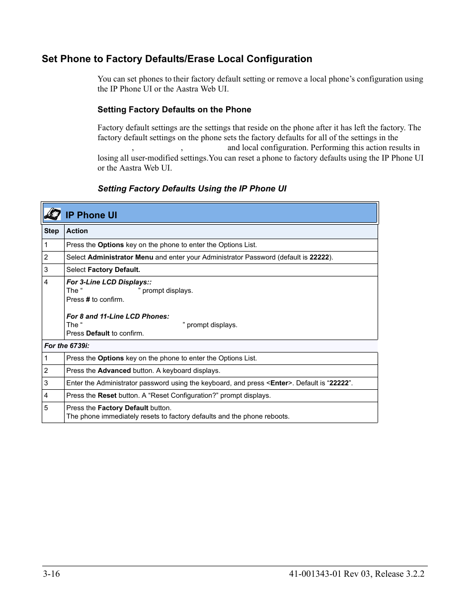 Setting factory defaults on the phone, Setting factory defaults using the ip phone ui | AASTRA 6700i series, 9143, 9480i, 9480i CT SIP Administrator Guide EN User Manual | Page 103 / 1049