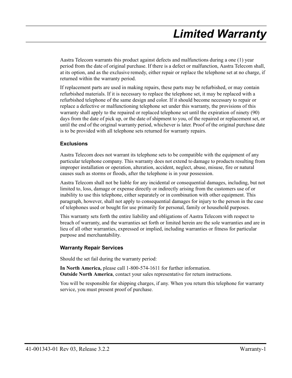 Limited warranty, Exclusions, Warranty repair services | AASTRA 6700i series, 9143, 9480i, 9480i CT SIP Administrator Guide EN User Manual | Page 1033 / 1049