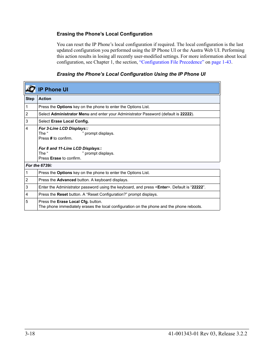 Erasing the phone’s local configuration | AASTRA 6700i series, 9143, 9480i, 9480i CT SIP Administrator Guide EN User Manual | Page 105 / 1049
