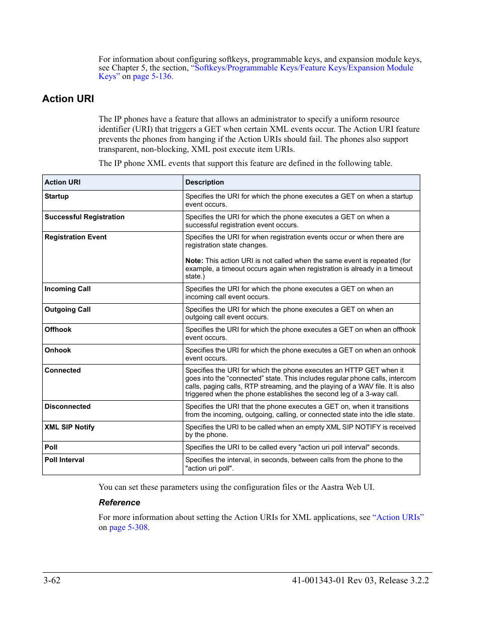 Action uri, Reference, Action uri -62 | AASTRA 6700i series, 9143, 9480i, 9480i CT SIP Administrator Guide EN User Manual | Page 149 / 1049