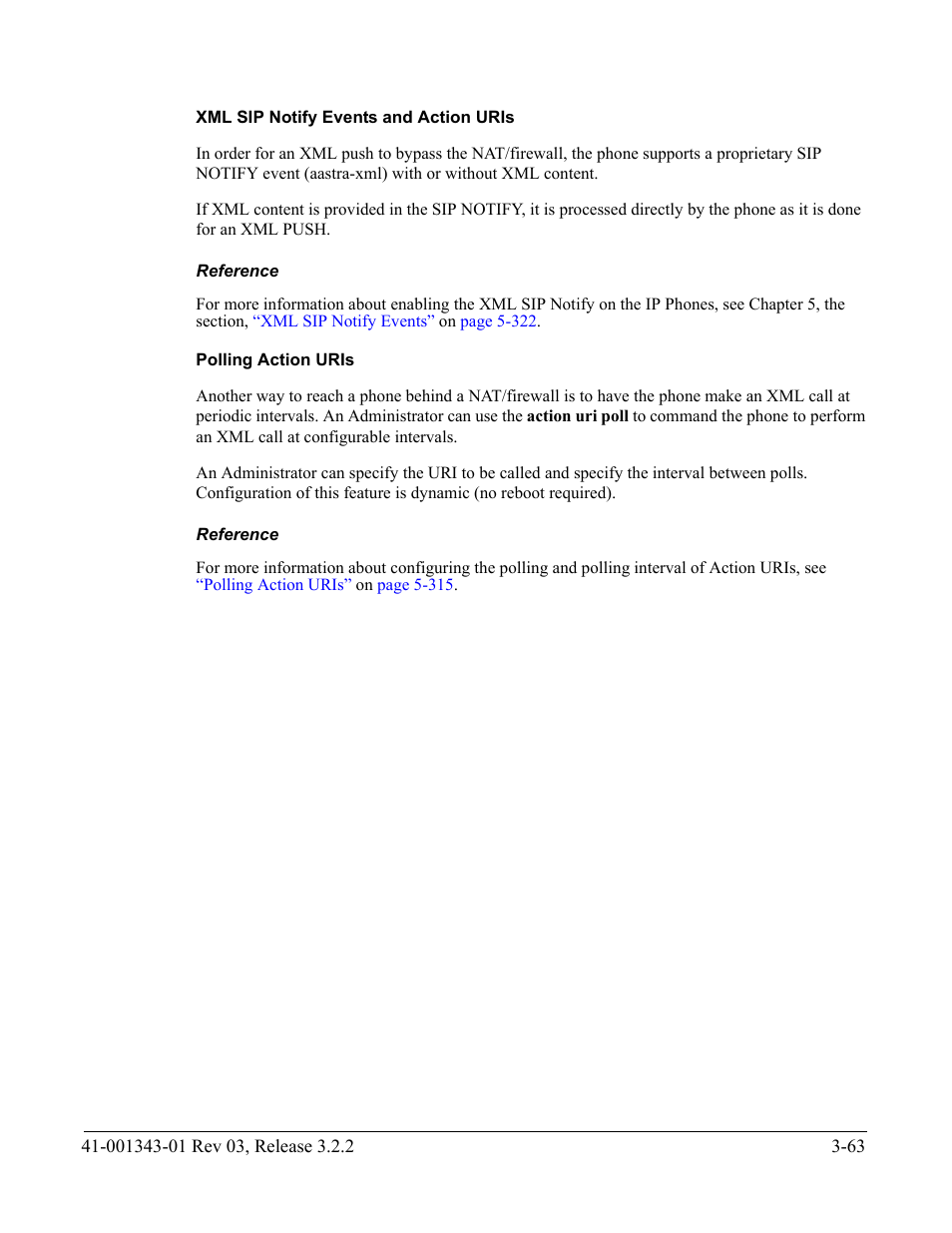 Xml sip notify events and action uris, Reference, Polling action uris | AASTRA 6700i series, 9143, 9480i, 9480i CT SIP Administrator Guide EN User Manual | Page 150 / 1049