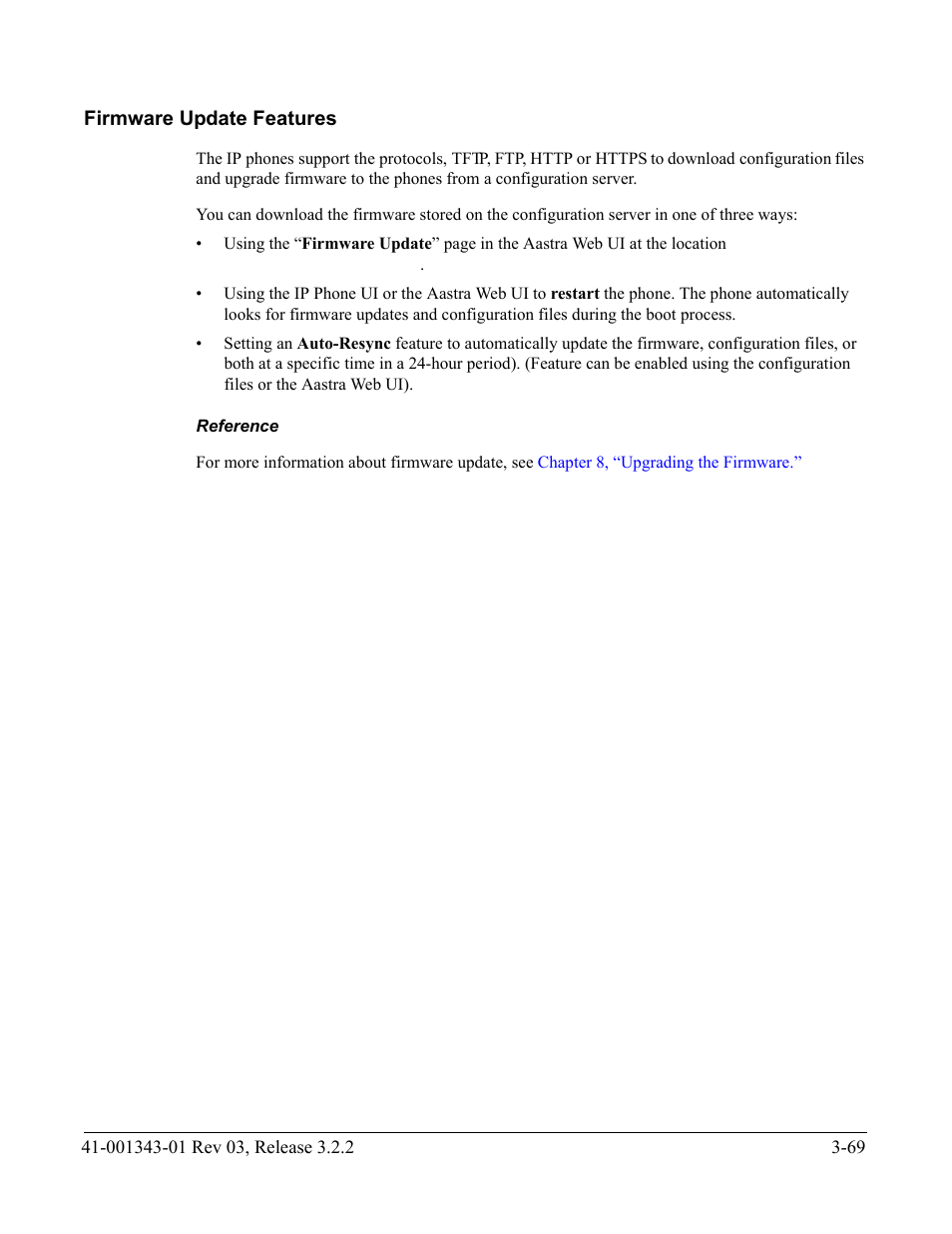 Firmware update features, Reference, Firmware update features -69 | AASTRA 6700i series, 9143, 9480i, 9480i CT SIP Administrator Guide EN User Manual | Page 156 / 1049