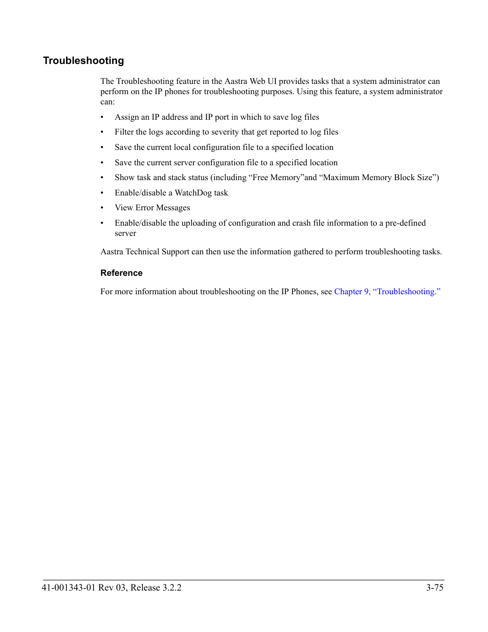 Troubleshooting, Reference, Troubleshooting -75 | AASTRA 6700i series, 9143, 9480i, 9480i CT SIP Administrator Guide EN User Manual | Page 162 / 1049