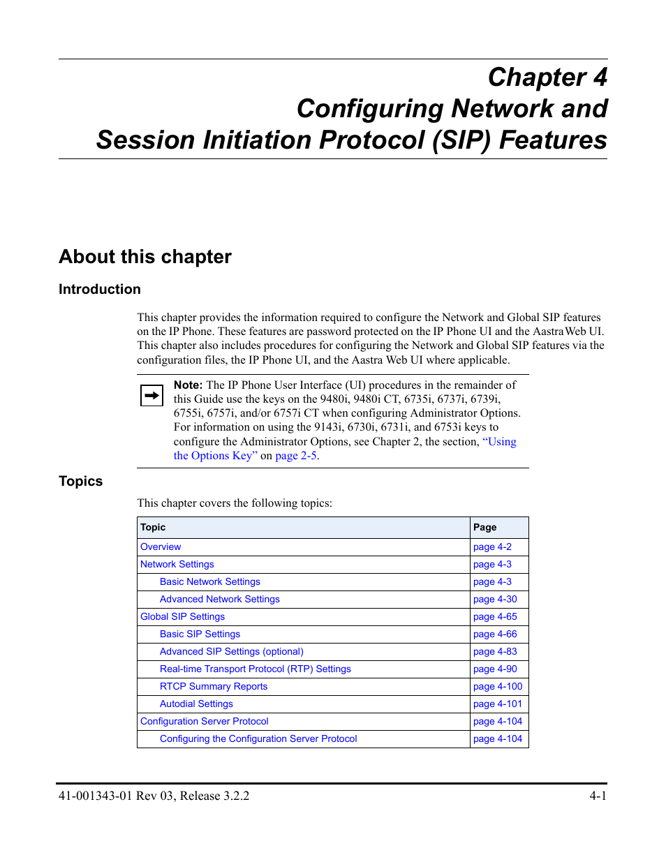 About this chapter, Chapter 4, Chapter 4, “configuring network and | Session initiation protocol (sip) features, Chapter 4, “configuring | AASTRA 6700i series, 9143, 9480i, 9480i CT SIP Administrator Guide EN User Manual | Page 164 / 1049
