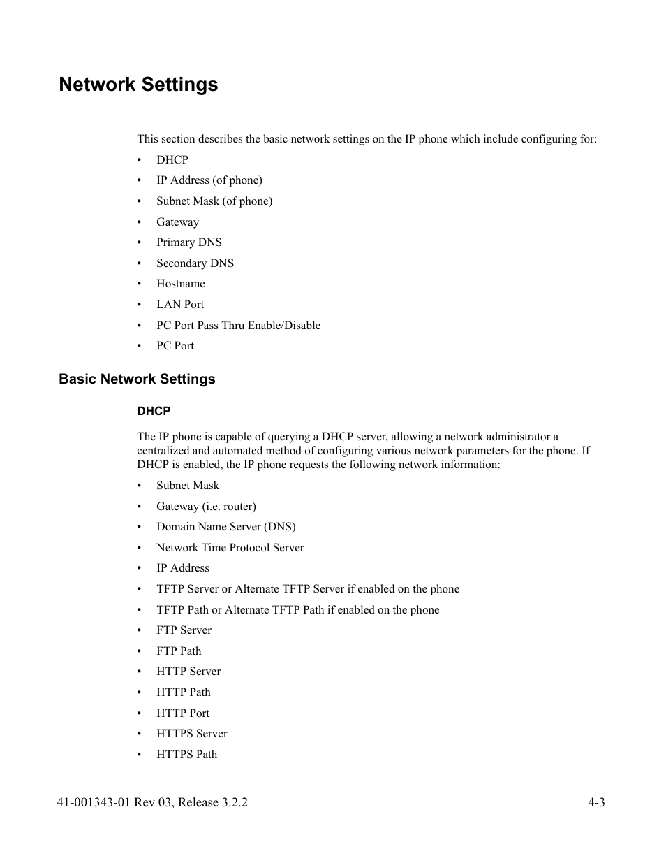 Network settings, Basic network settings, Dhcp | Network settings -3, Basic network settings -3, For more information, see, Section | AASTRA 6700i series, 9143, 9480i, 9480i CT SIP Administrator Guide EN User Manual | Page 166 / 1049