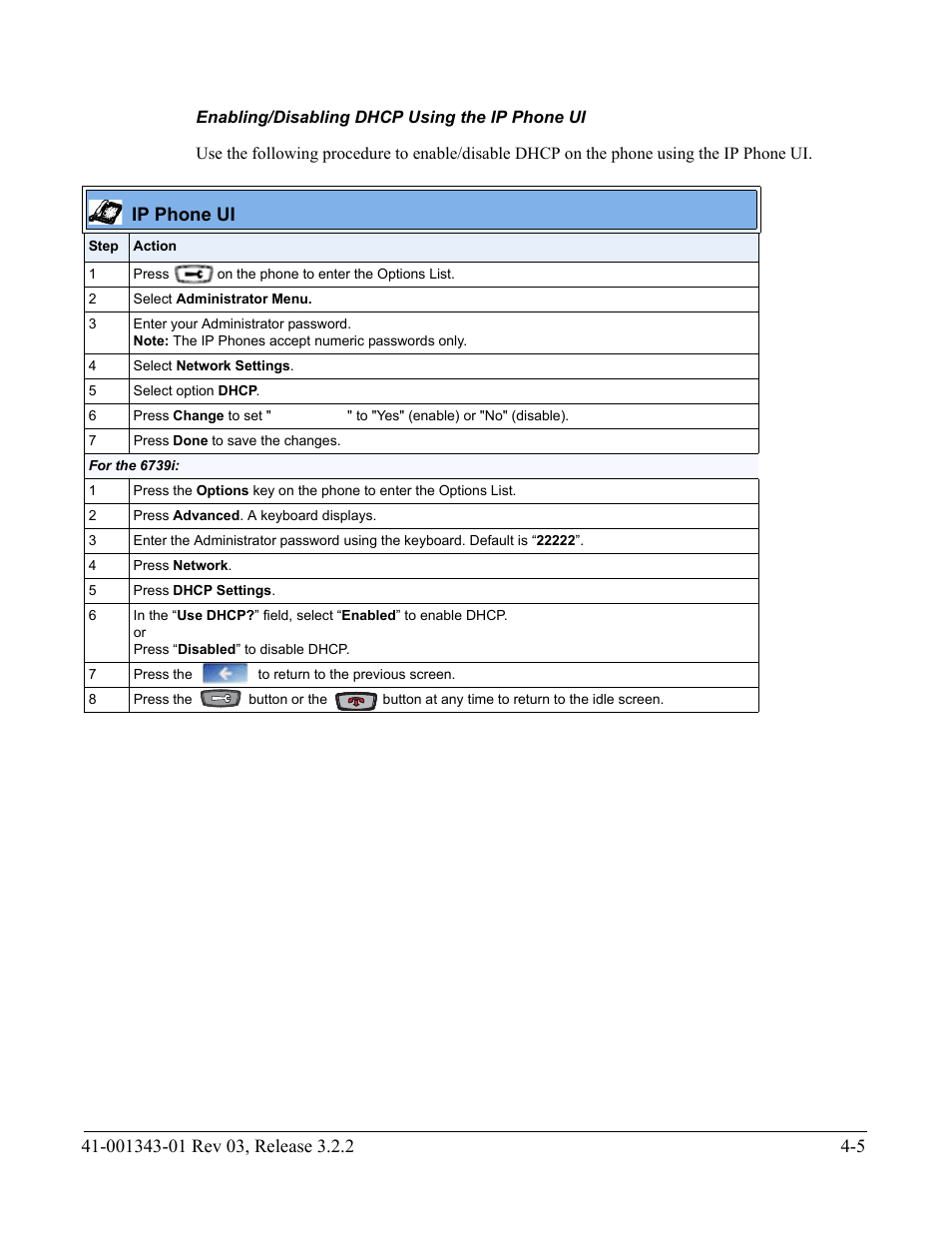 Enabling/disabling dhcp using the ip phone ui, Ip phone ui | AASTRA 6700i series, 9143, 9480i, 9480i CT SIP Administrator Guide EN User Manual | Page 168 / 1049
