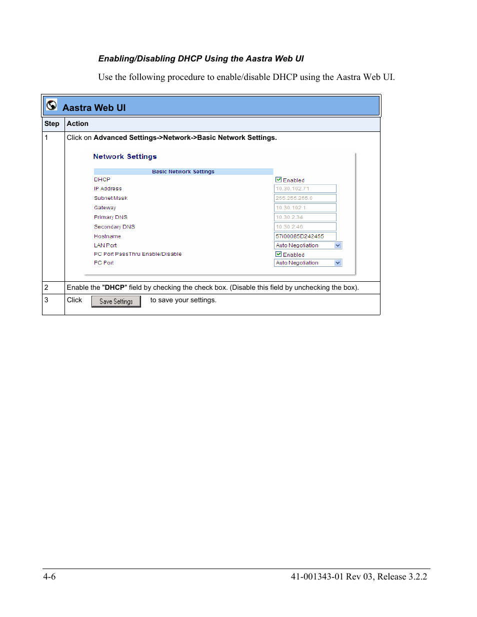 Enabling/disabling dhcp using the aastra web ui | AASTRA 6700i series, 9143, 9480i, 9480i CT SIP Administrator Guide EN User Manual | Page 169 / 1049