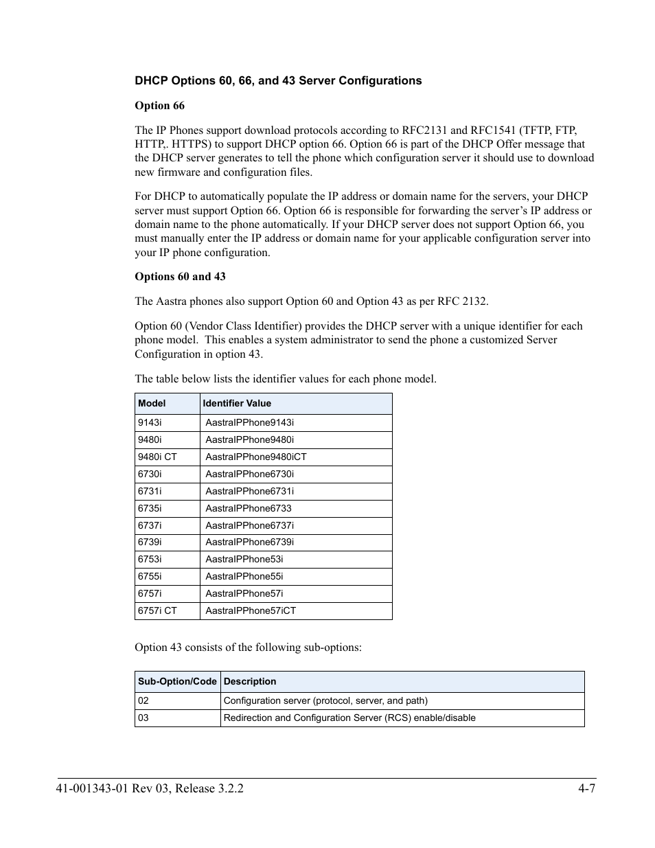 Dhcp options 60, 66, and 43 server configurations | AASTRA 6700i series, 9143, 9480i, 9480i CT SIP Administrator Guide EN User Manual | Page 170 / 1049