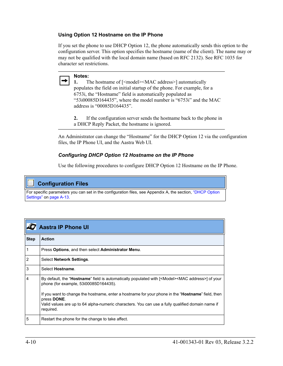 Using option 12 hostname on the ip phone, For more information, see, Using option 12 | Hostname on the ip phone | AASTRA 6700i series, 9143, 9480i, 9480i CT SIP Administrator Guide EN User Manual | Page 173 / 1049