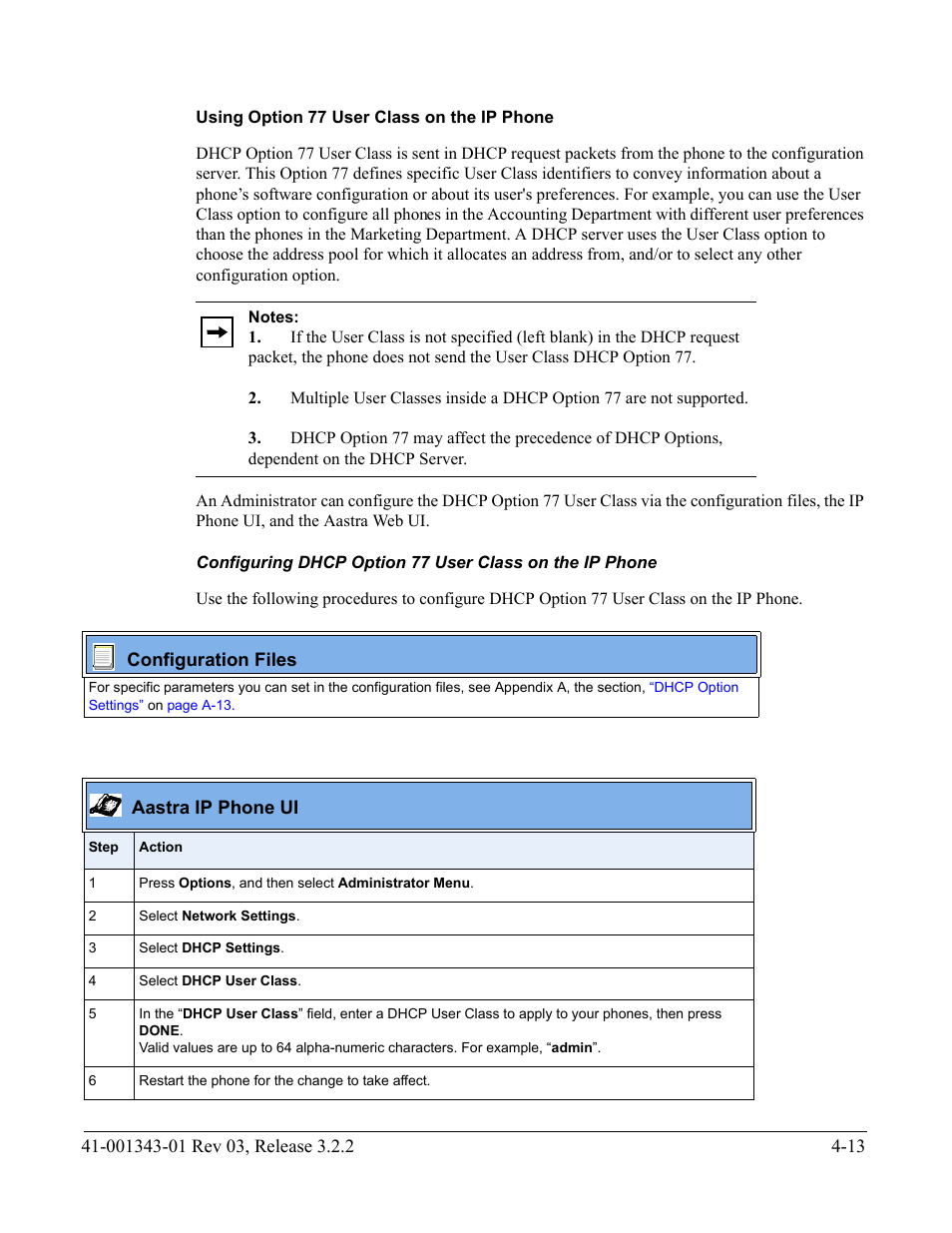Using option 77 user class on the ip phone, For more information, see, Using option 77 user | Class on the ip phone | AASTRA 6700i series, 9143, 9480i, 9480i CT SIP Administrator Guide EN User Manual | Page 176 / 1049