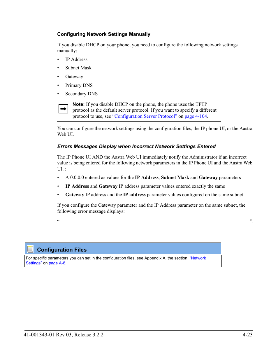 Configuring network settings manually, For more information, see, Configuring network | Settings manually | AASTRA 6700i series, 9143, 9480i, 9480i CT SIP Administrator Guide EN User Manual | Page 186 / 1049