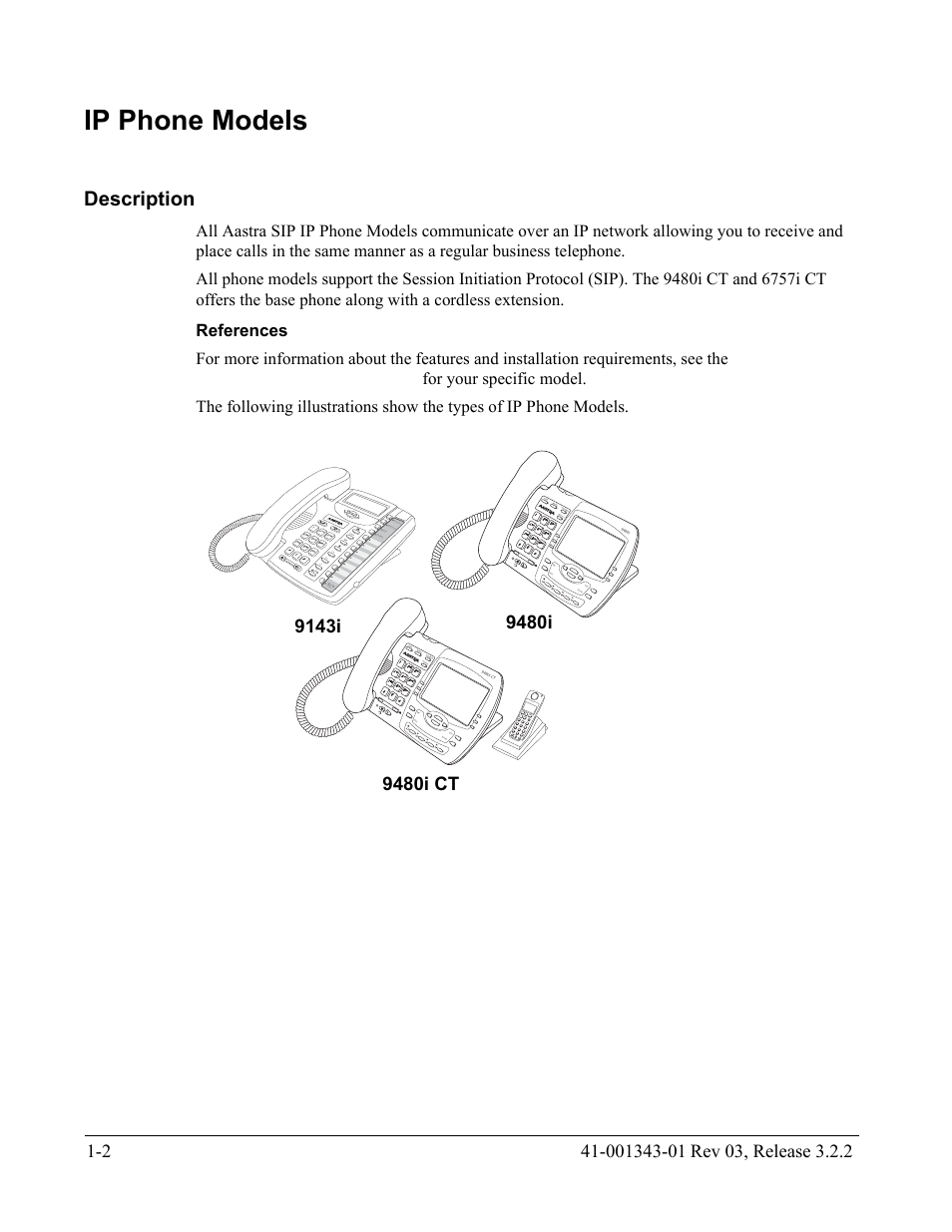 Ip phone models, Description, References | Ip phone models -2, Description -2 | AASTRA 6700i series, 9143, 9480i, 9480i CT SIP Administrator Guide EN User Manual | Page 19 / 1049