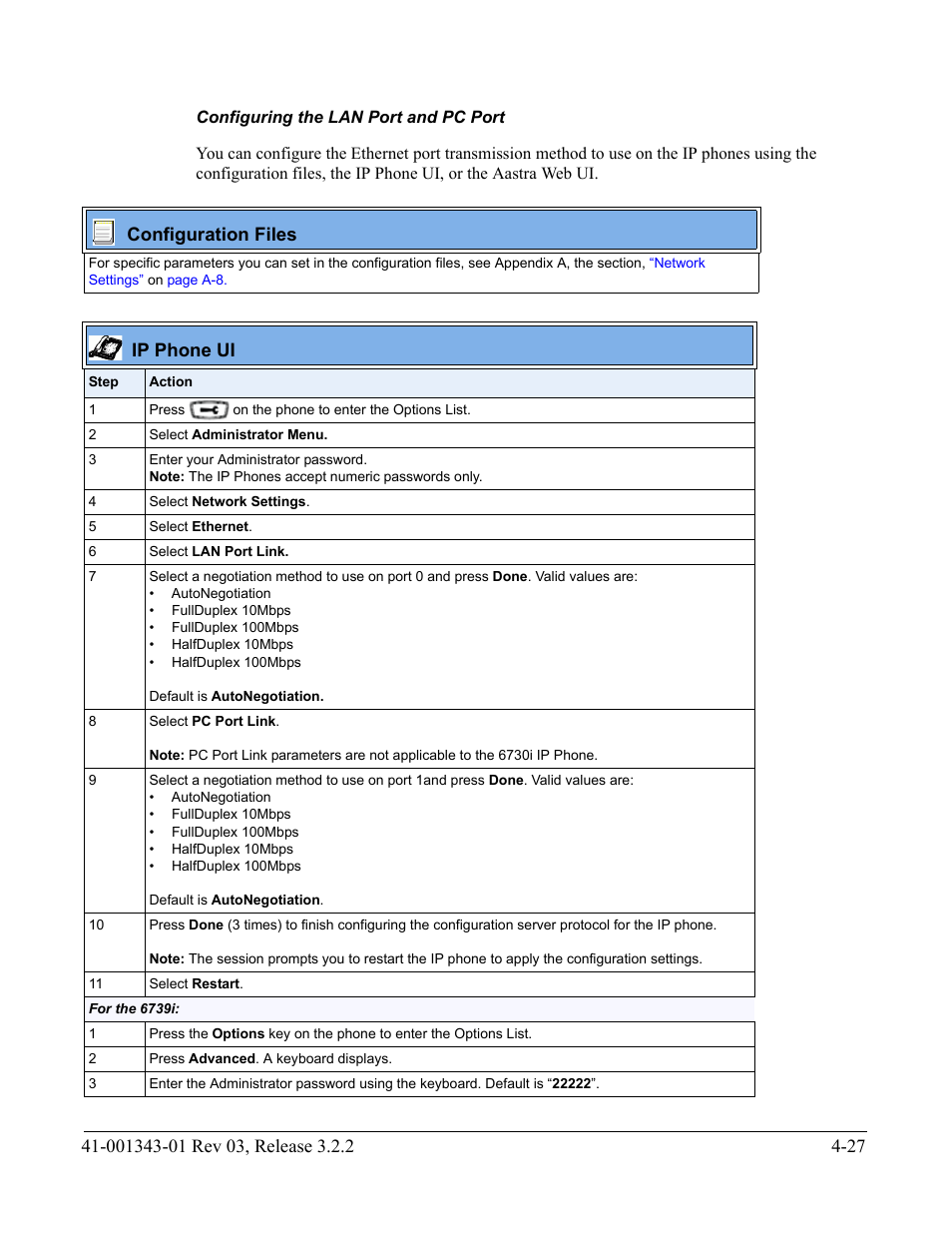 Configuring the lan port and pc port, Configuration files, Ip phone ui | AASTRA 6700i series, 9143, 9480i, 9480i CT SIP Administrator Guide EN User Manual | Page 190 / 1049