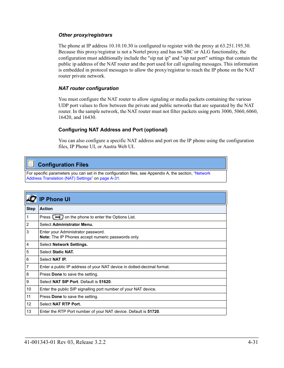 Other proxy/registrars, Nat router configuration, Configuring nat address and port (optional) | Configuring, Nat address and port (optional) | AASTRA 6700i series, 9143, 9480i, 9480i CT SIP Administrator Guide EN User Manual | Page 194 / 1049