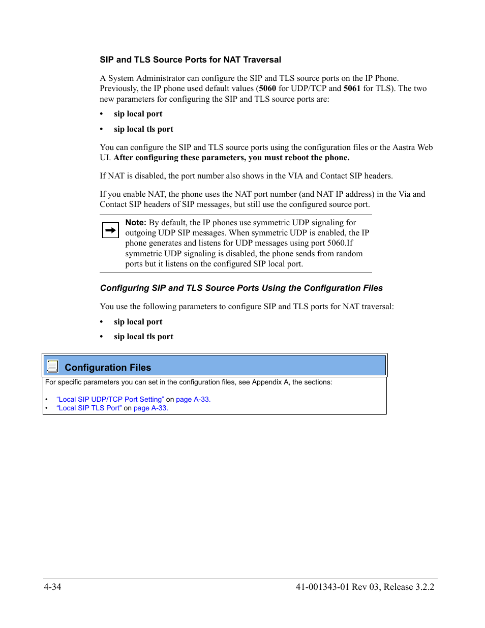 Sip and tls source ports for nat traversal, Apter 4, Sip and tls source | Ports for nat traversal | AASTRA 6700i series, 9143, 9480i, 9480i CT SIP Administrator Guide EN User Manual | Page 197 / 1049