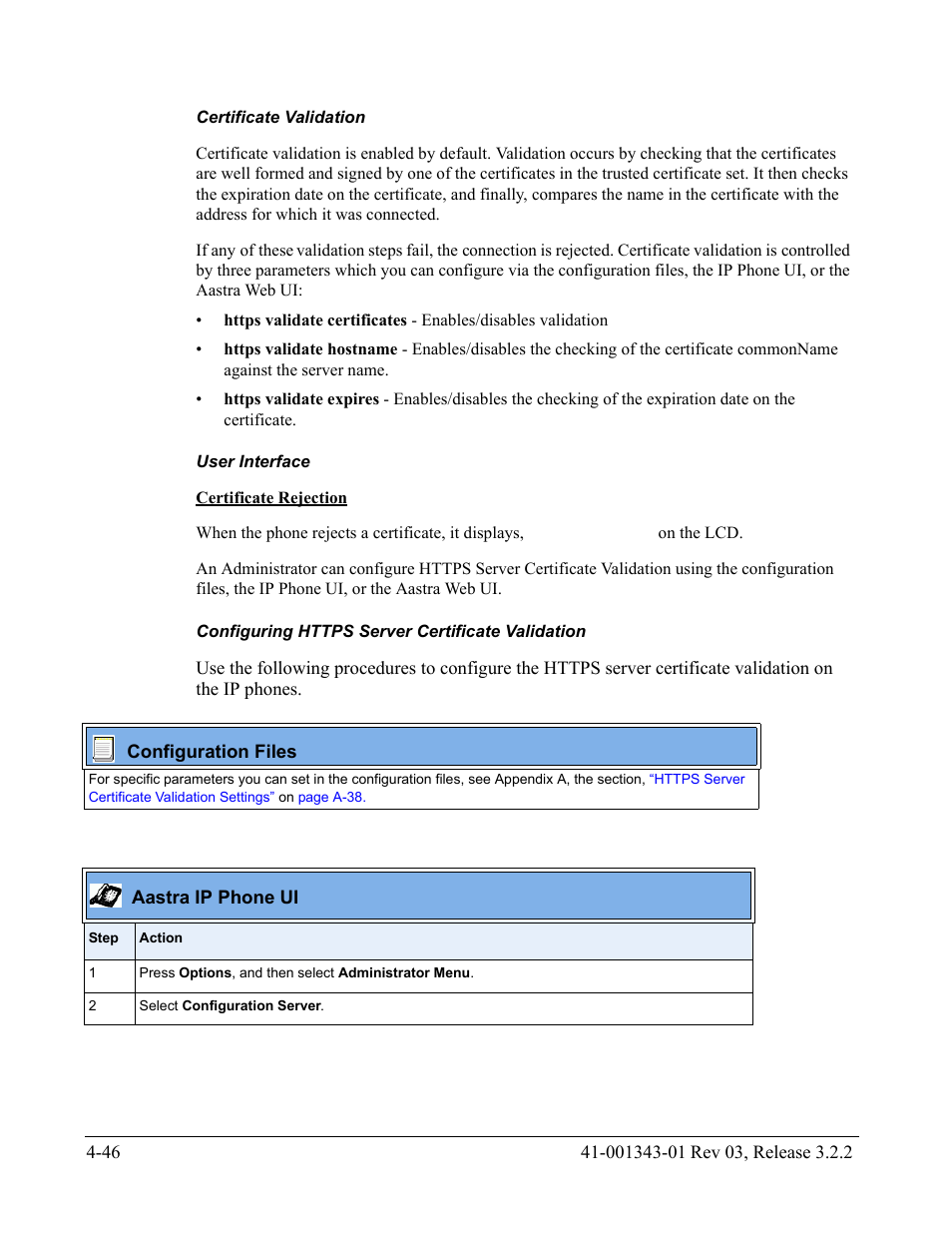 Certificate validation, User interface, Configuring https server certificate validation | AASTRA 6700i series, 9143, 9480i, 9480i CT SIP Administrator Guide EN User Manual | Page 209 / 1049
