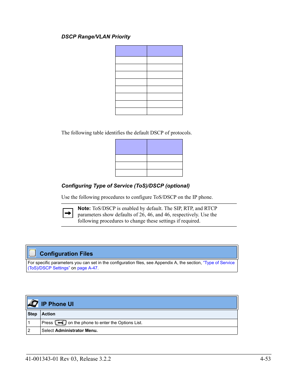 Dscp range/vlan priority, Configuring type of service (tos)/dscp (optional), Table | AASTRA 6700i series, 9143, 9480i, 9480i CT SIP Administrator Guide EN User Manual | Page 216 / 1049