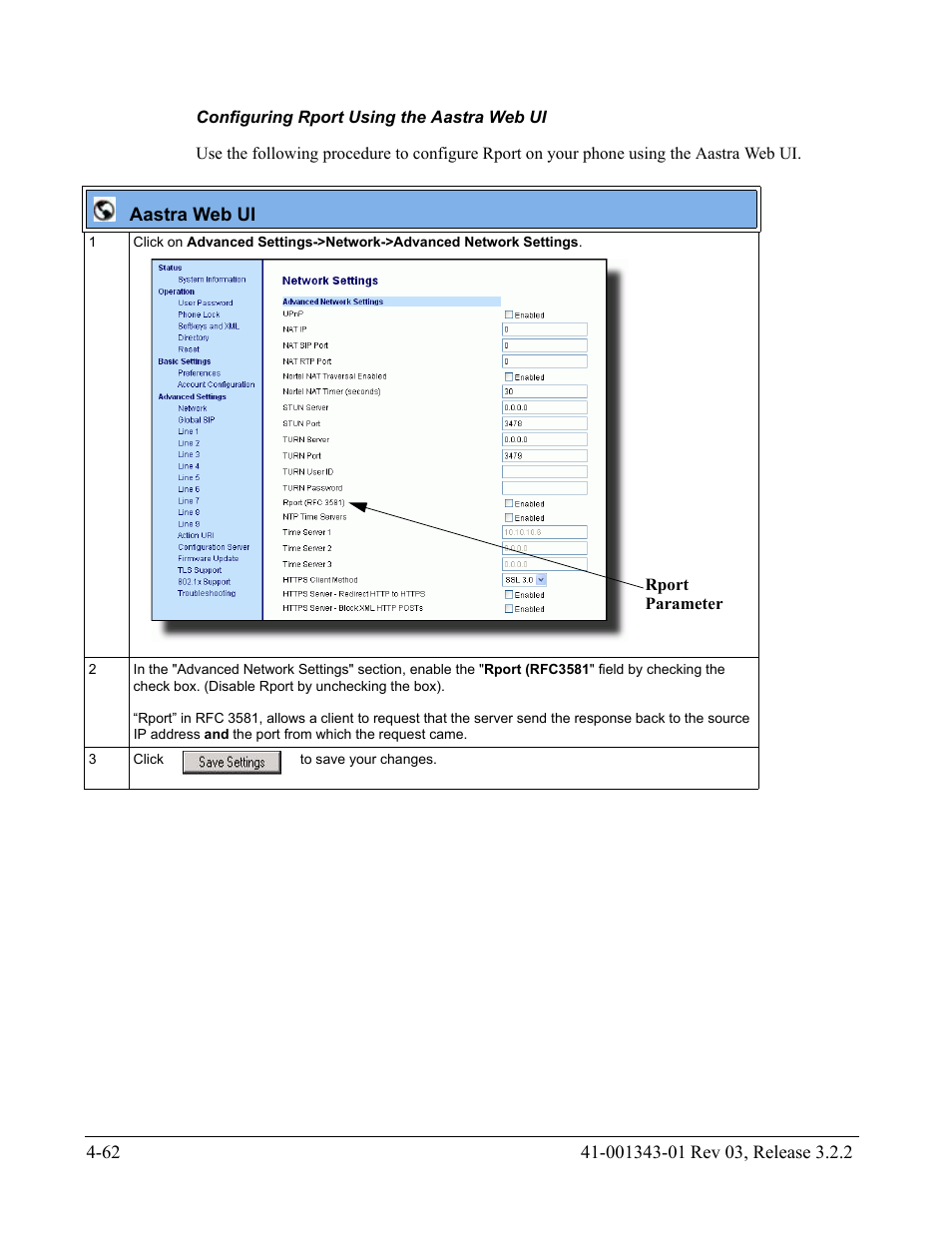 Configuring rport using the aastra web ui | AASTRA 6700i series, 9143, 9480i, 9480i CT SIP Administrator Guide EN User Manual | Page 225 / 1049